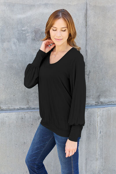 swvws Basic Bae Full Size V-Neck Lantern Sleeve Blouse