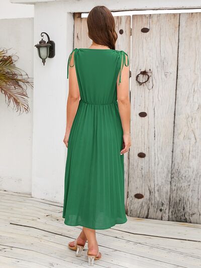 swvws Pleated V-Neck Sleeveless Midi Dress