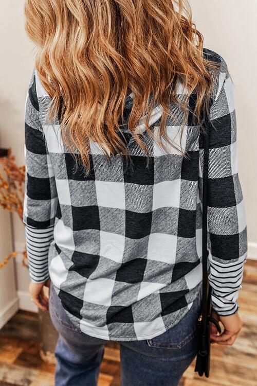 swvws Plaid Drawstring Long Sleeve Hoodie