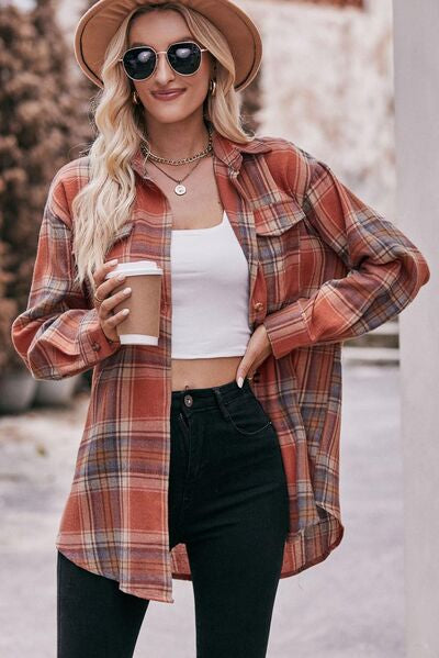 swvws Pocketed Plaid Button Up Dropped Shoulder Shirt