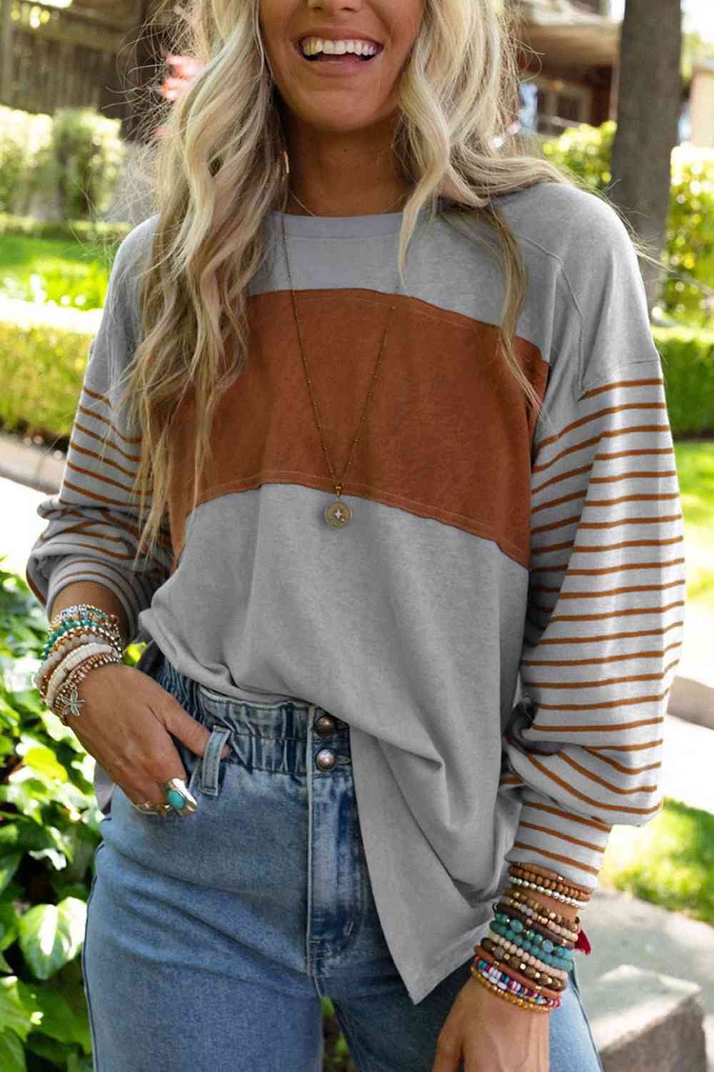 swvws Striped Round Neck Long Sleeve T-Shirt