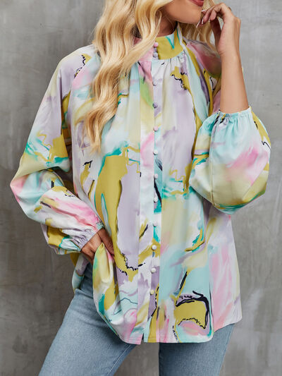 swvws Printed Mock Neck Balloon Sleeve Shirt