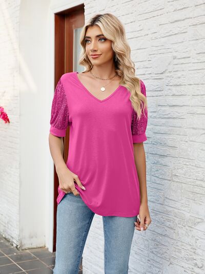 swvws Sequin V-Neck Short Sleeve Blouse