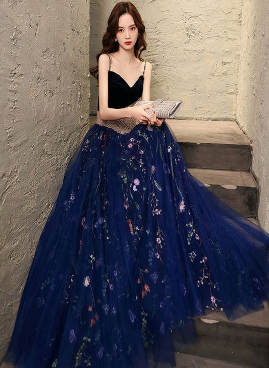 Tmallworld Charming Navy Blue Velvet and Tulle Floral Straps Evening Dress, Blue Formal Dress Prom Dress