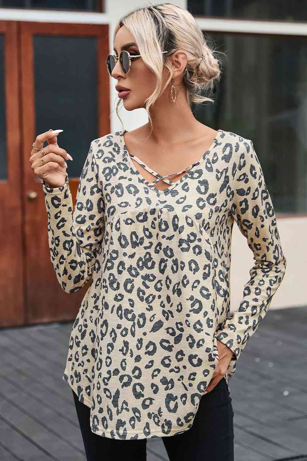 swvws Leopard Crisscross V-Neck T-Shirt