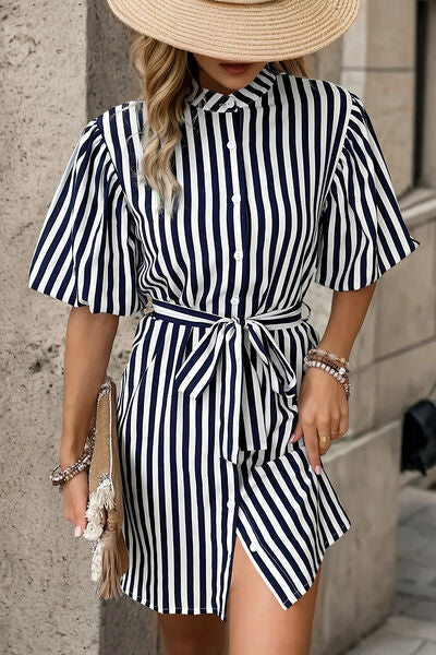 swvws Striped Button Up Tie Waist Mini Dress