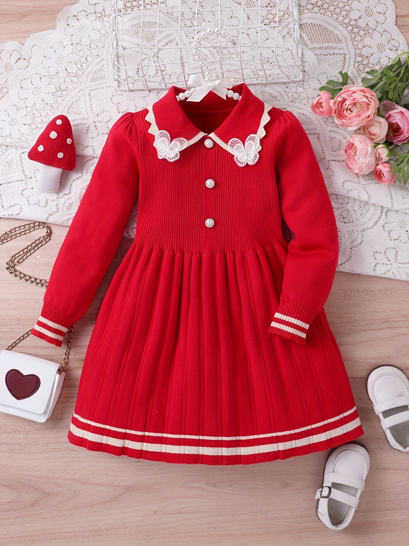 Stretchy & Comfy Long Sleeve Collar Butterfly Decor Preppy Style Dress for Girls Kids