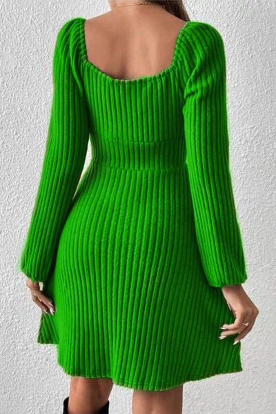 swvws Ribbed Tied Square Neck Long Sleeve Mini Dress