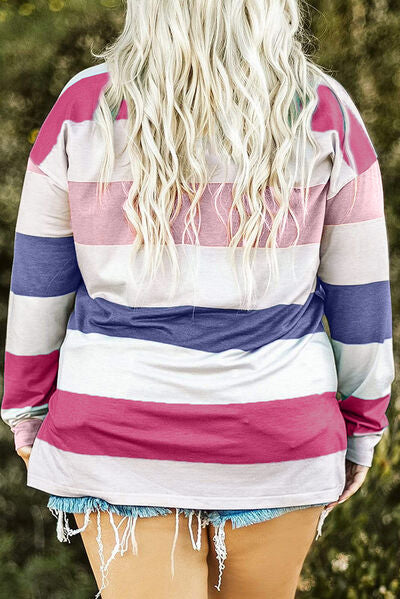 swvws Plus Size Striped Slit Long Sleeve T-Shirt