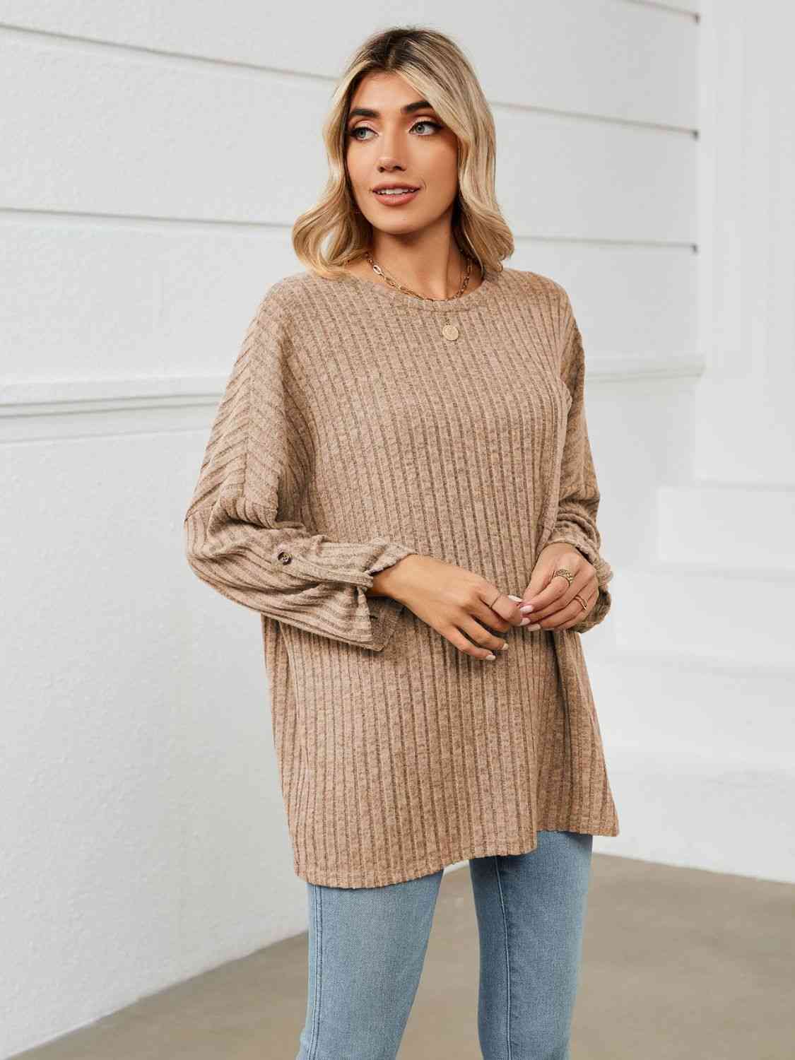 swvws Round Neck Ribbed Long Sleeve T-Shirt