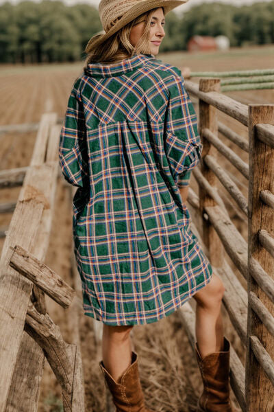 swvws Plaid Button Up Collared Neck Shirt Dress