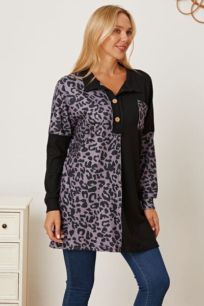 swvws Leopard Waffle-Knit Buttoned Long Sleeve Blouse