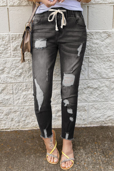 swvws Drawstring Distressed Raw Hem Jeans with Pockets