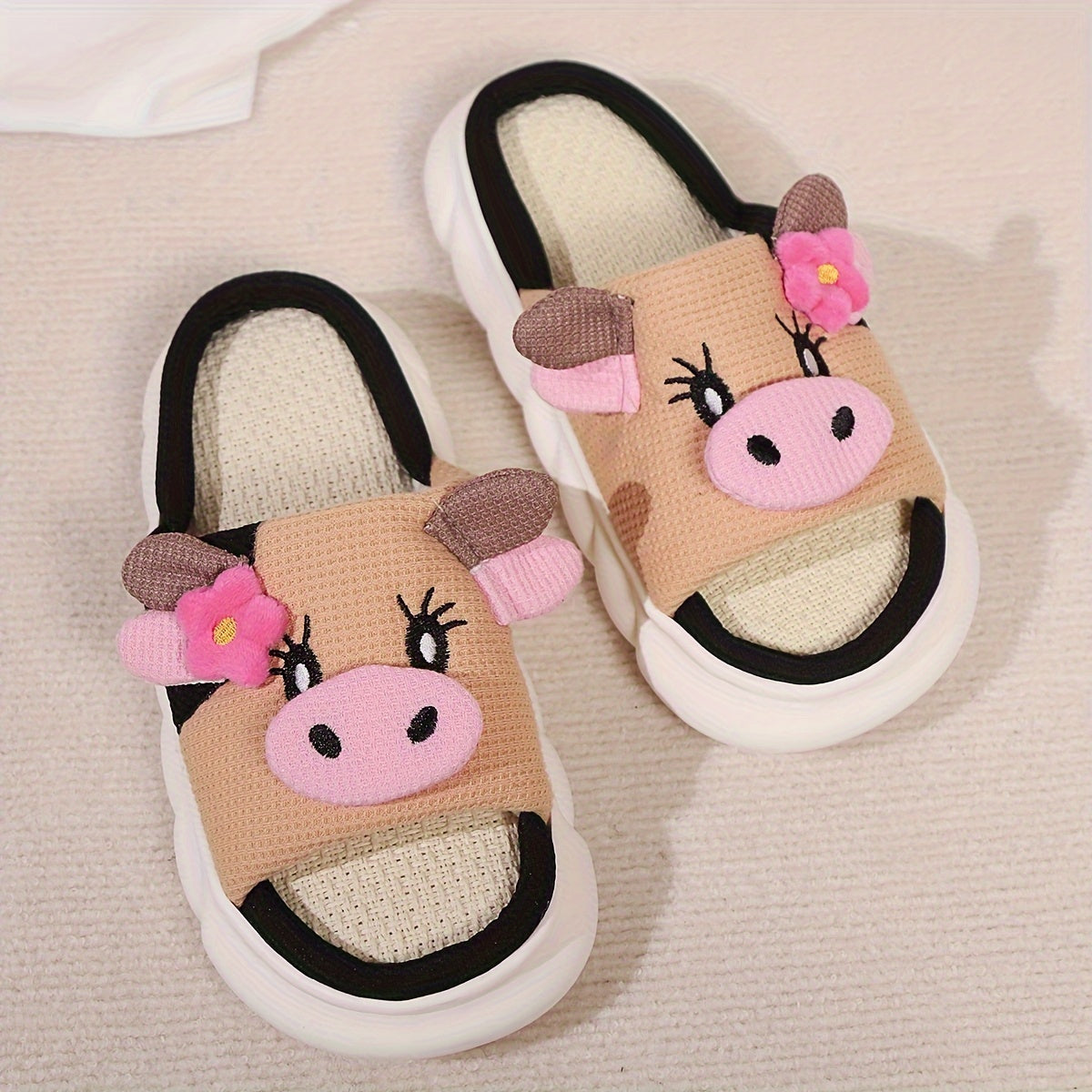 Cute Cartoon Cow Design Slippers, Casual Open Toe Linen Sole Shoes, Comfortable Indoor Home Slippers for fall