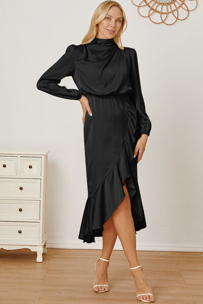 swvws Mock Neck Ruffled Asymmetrical Dress