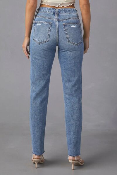 swvws Distressed Raw Hem Straight Jeans with Pockets