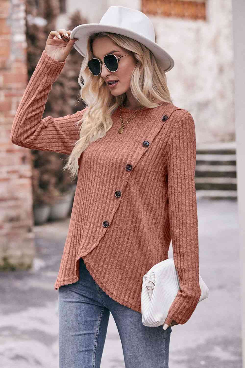 swvws Double Take Ribbed Round Neck Buttoned Long Sleeve Tee