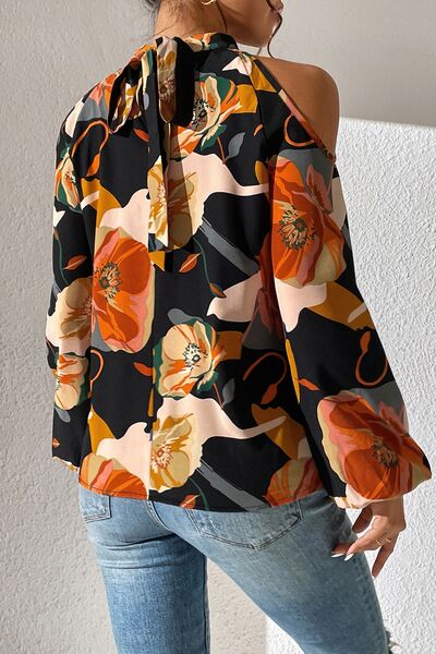 swvws Floral Cold Shoulder Balloon Sleeve Blouse