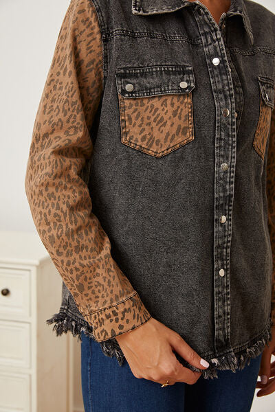 swvws Leopard Raw Hem Pocketed Denim Jacket