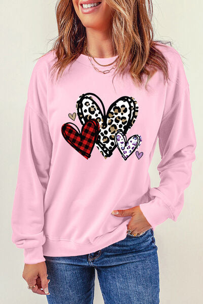 swvws Heart Round Neck Dropped Shoulder Sweatshirt