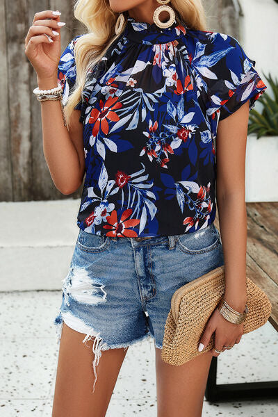 swvws Printed Ruffled Mock Neck Blouse