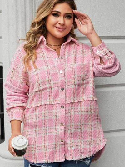 swvws Plus Size Plaid Pocketed Snap Down Jacket