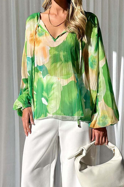 swvws Printed Tie Neck Balloon Sleeve Blouse