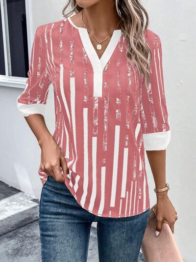 swvws Striped Notched Half Sleeve Blouse