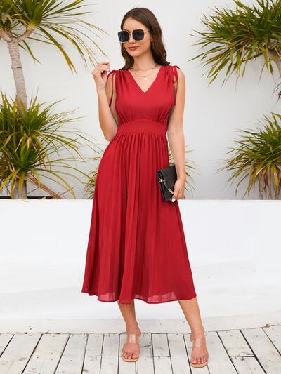 swvws Pleated V-Neck Sleeveless Midi Dress