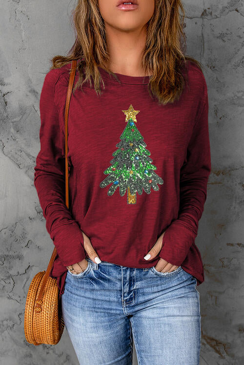 swvws Sequin Christmas Tree Long Sleeve T-Shirt