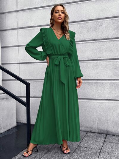 swvws Pleated Surplice Tie Waist Maxi Dress