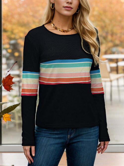 swvws Striped Round Neck Long Sleeve T-Shirt