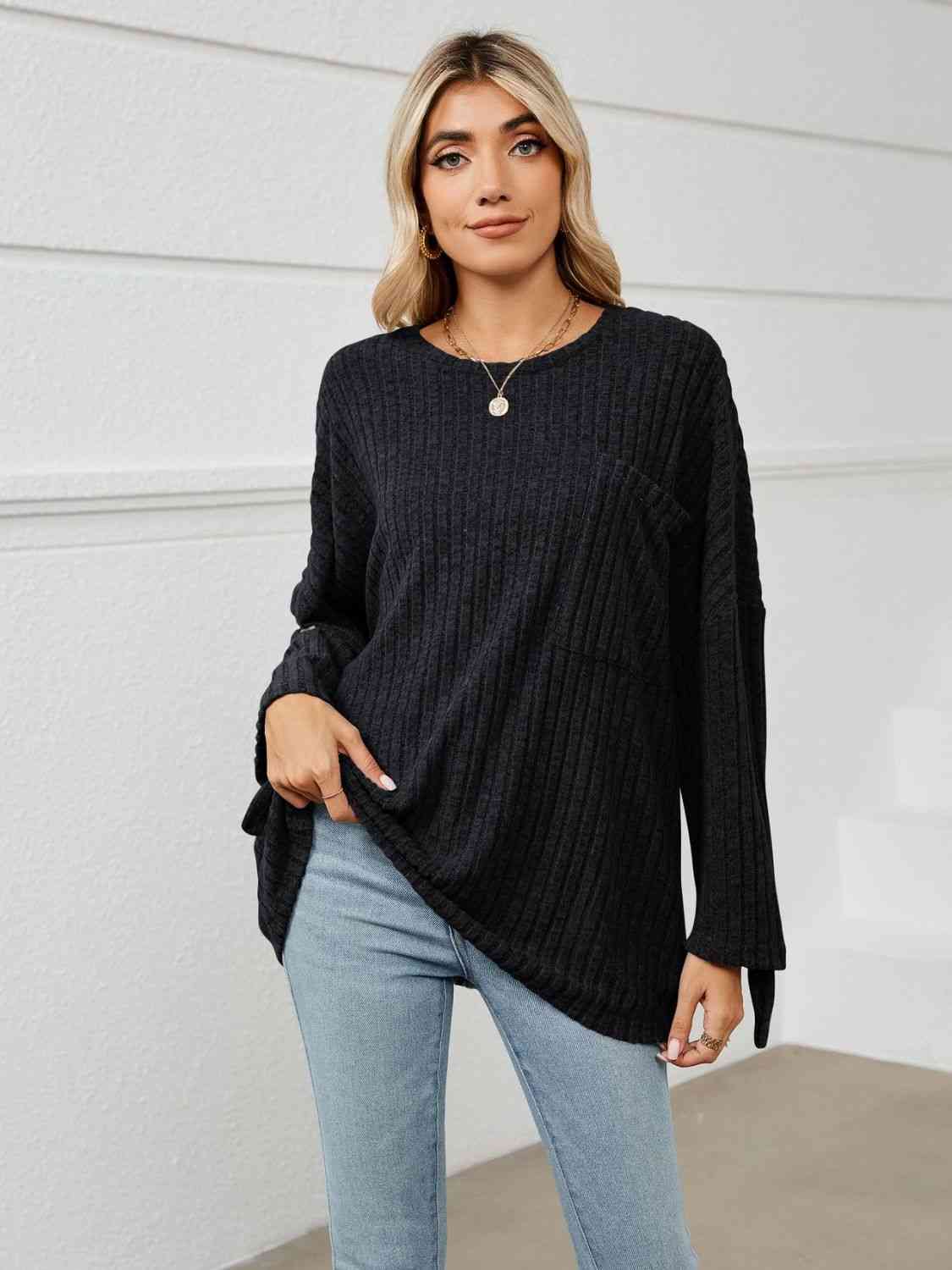 swvws Round Neck Ribbed Long Sleeve T-Shirt