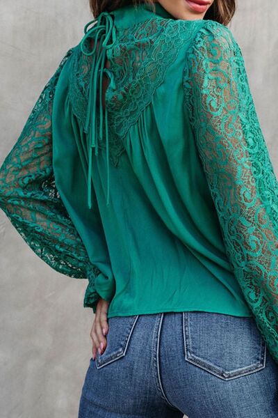 swvws Lace Detail Mock Neck Flounce Sleeve Blouse