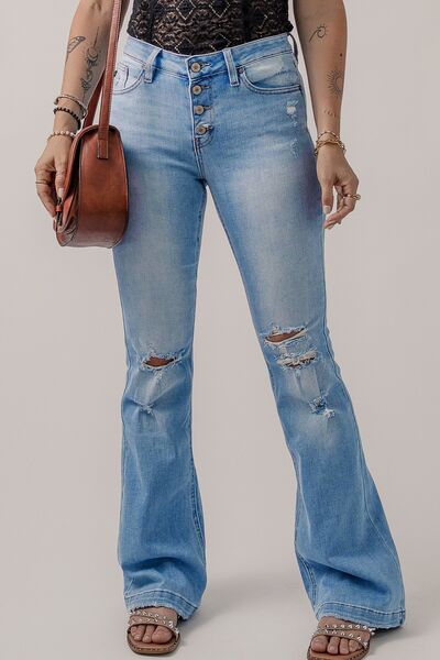 swvws Button-Fly Distressed Flare Jeans
