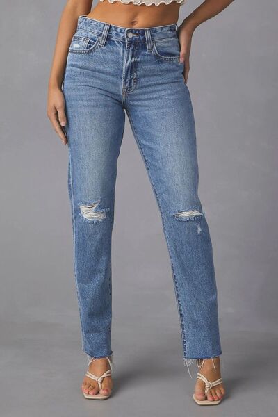 swvws Distressed Raw Hem Straight Jeans with Pockets