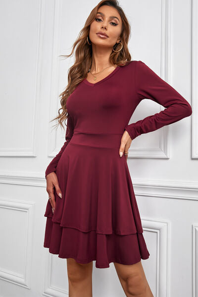 swvws V-Neck Long Sleeve Layered Dress