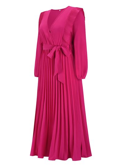 swvws Pleated Surplice Tie Waist Maxi Dress