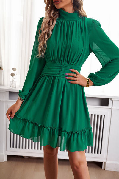 swvws Frill Ruched Mock Neck Balloon Sleeve Dress