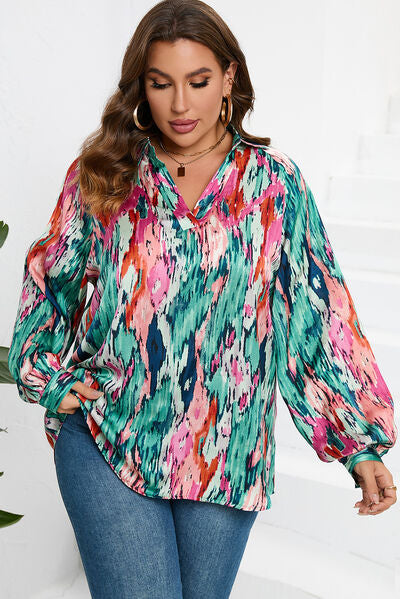 swvws Plus Size Printed Johnny Collar Long Sleeve Blouse