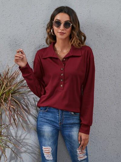 swvws Half Button Dropped Shoulder Blouse