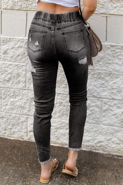 swvws Drawstring Distressed Raw Hem Jeans with Pockets