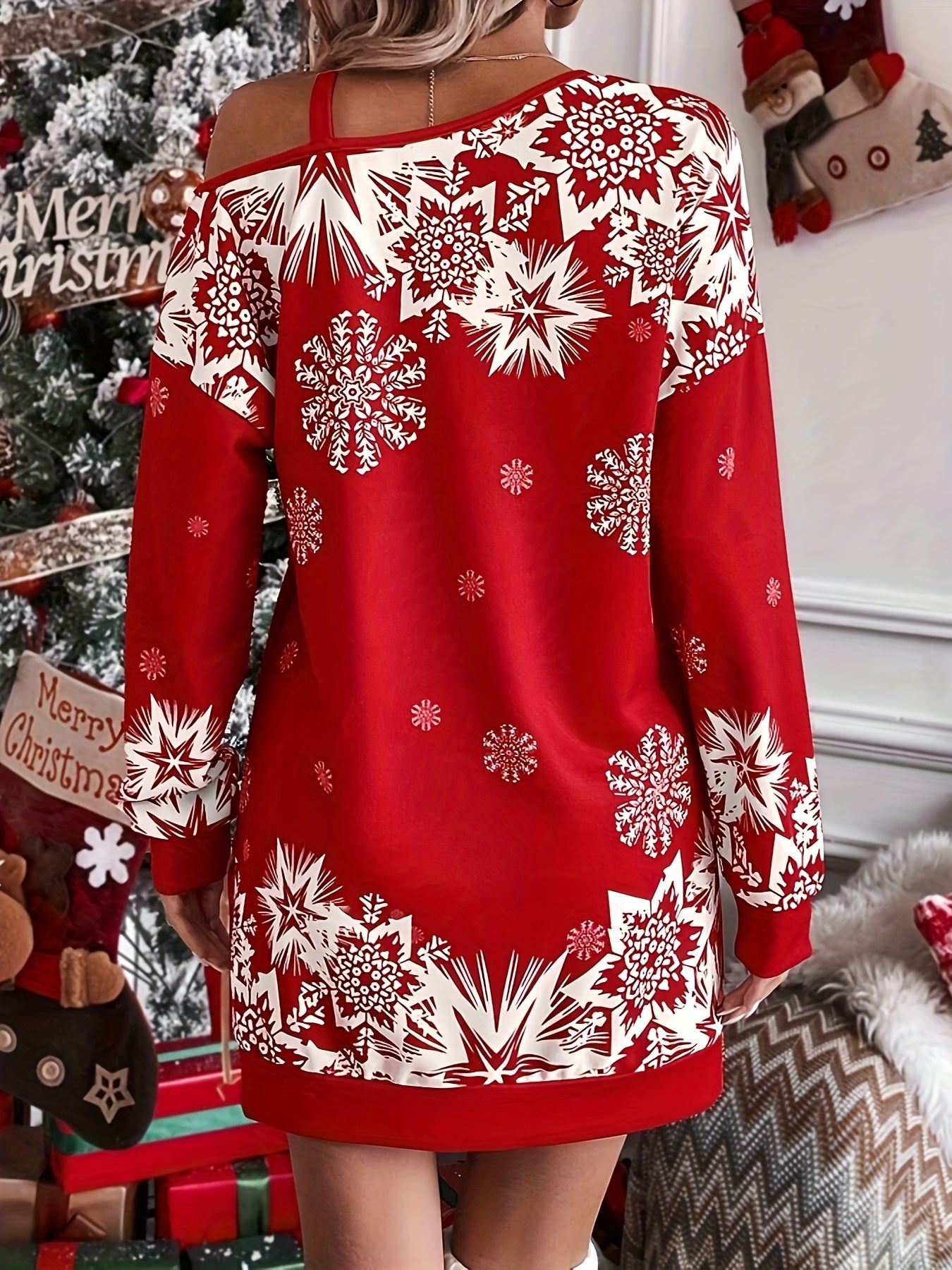 Festive Off-the-Shoulder Snowflake Dress - Women's Casual Polyester Knit One-Shoulder Sleeve Dress for Spring/Fall, Holiday Party, Festive Occasions - Easy to Wear, Comfortable, Relaxed Fit