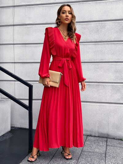 swvws Pleated Surplice Tie Waist Maxi Dress