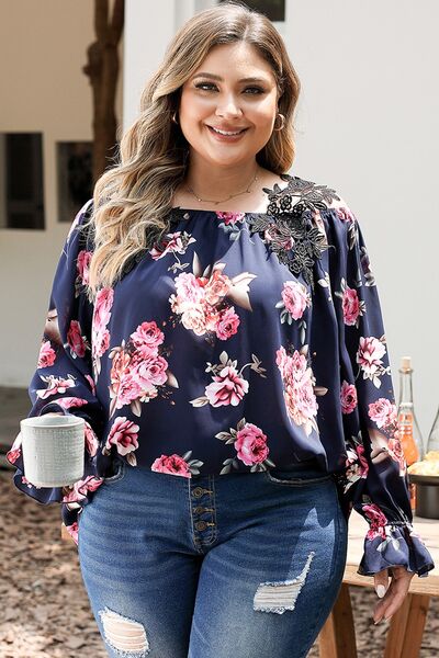 swvws Plus Size Floral Flounce Sleeve Blouse