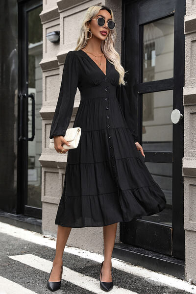 swvws Tiered Ruched Button Up Midi Dress