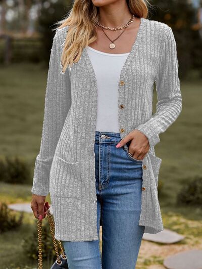 swvws Ribbed Button Up Long Sleeve Cardigan