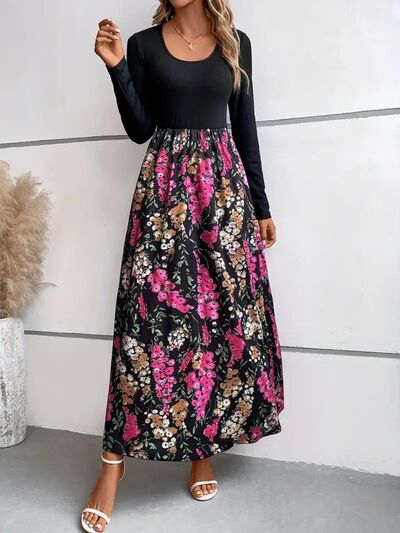 swvws Floral Round Neck Long Sleeve Maxi Dress