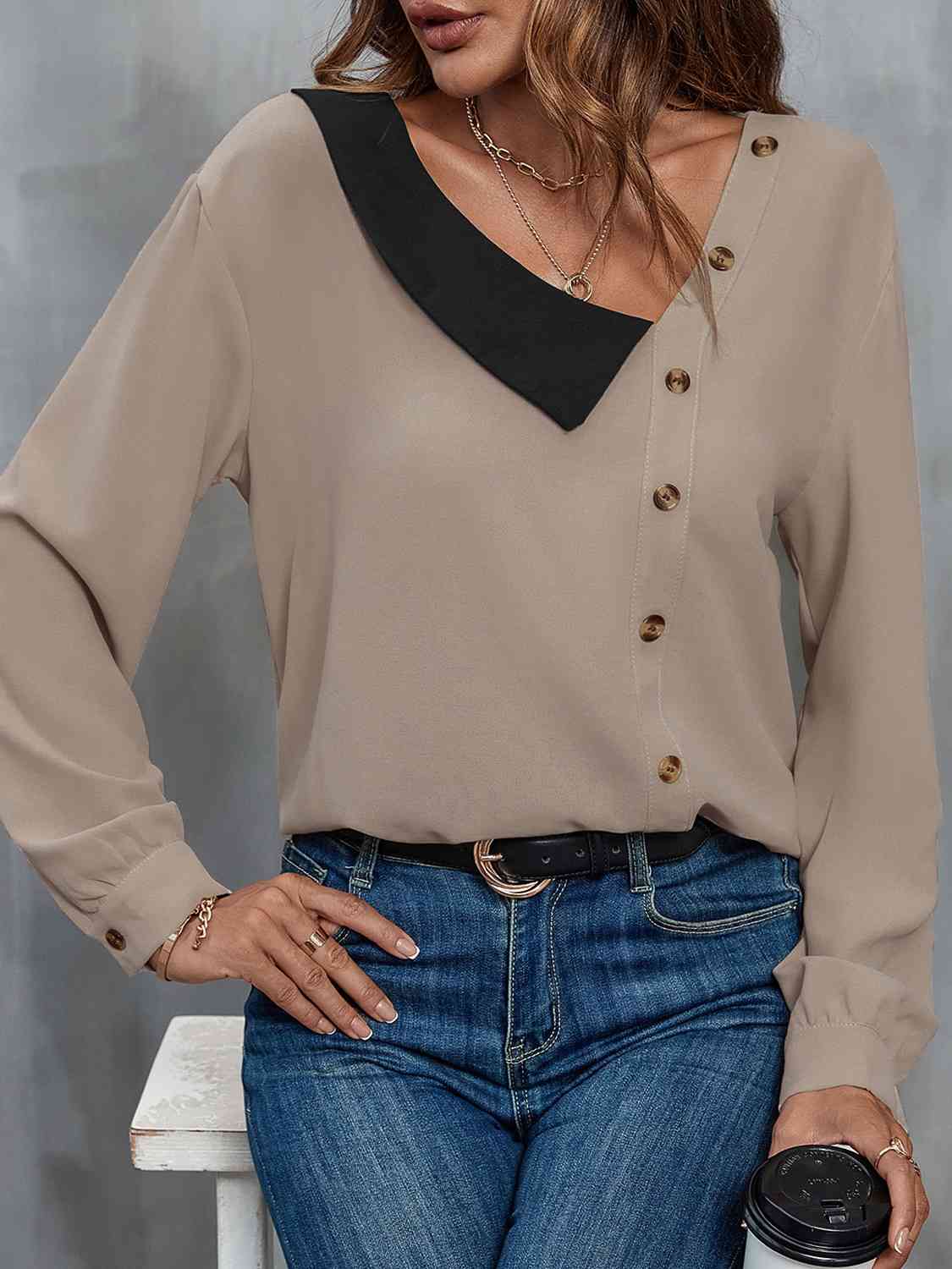 swvws Asymmetrical Neck Buttoned Long Sleeve Top