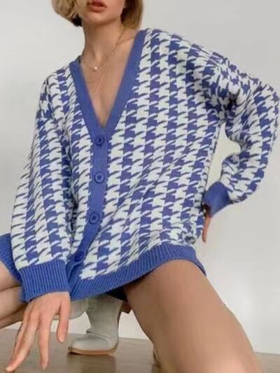 swvws Houndstooth Button Up Long Sleeve Cardigan